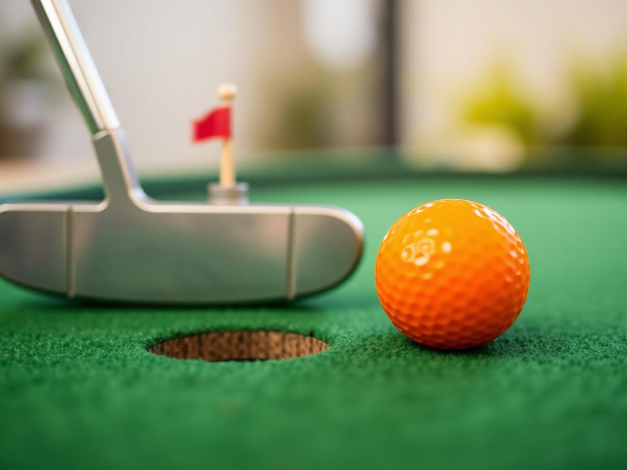Orange minigolfbold og putter på grøn bane i Aalborg